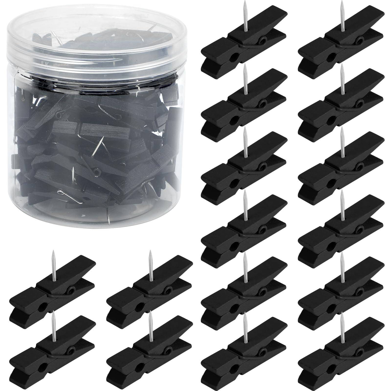 Senkary 60 Pieces Black Push Pins With Wooden Clips, Clothespin Pushpins Cute Decorative Thumb Tacks For Cork Board, Bulletin Bo
