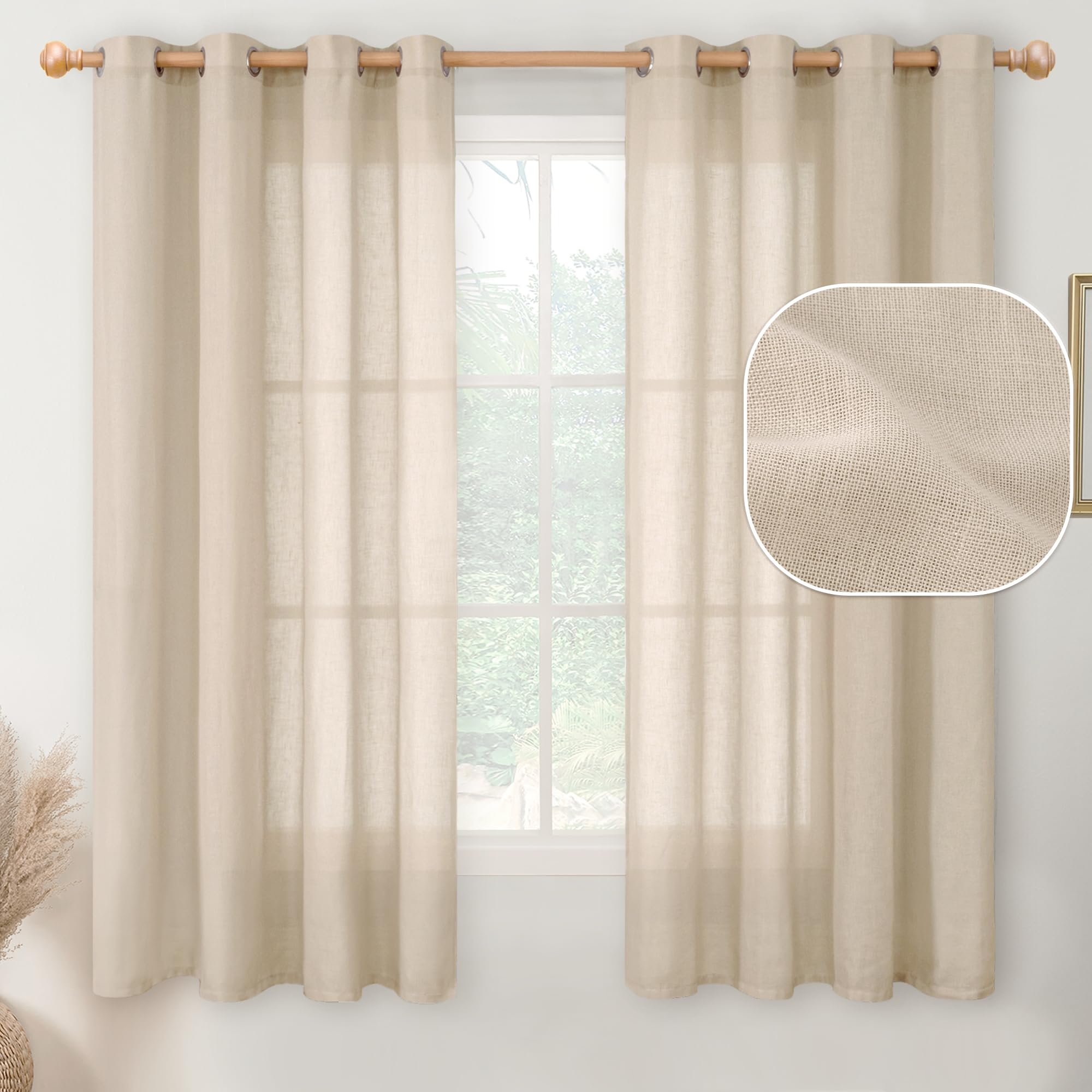 YoungsTex Linen Sheer Curtains 63 Inches Length for Window Light Filtering Drapes Textured Lightweight for Bedroom Living Room H