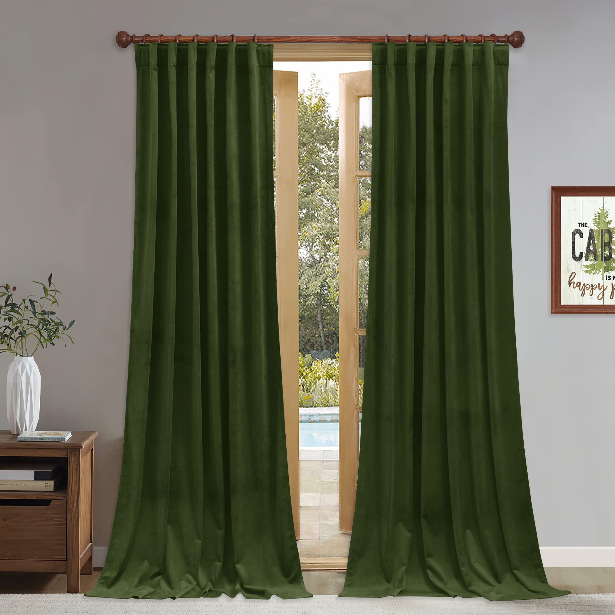 Stangh Moss Green Velvet Curtains - Back Tab Room Darkening Window Drapes For Bedroom, Super Soft Heavy Thick Room Dividers For