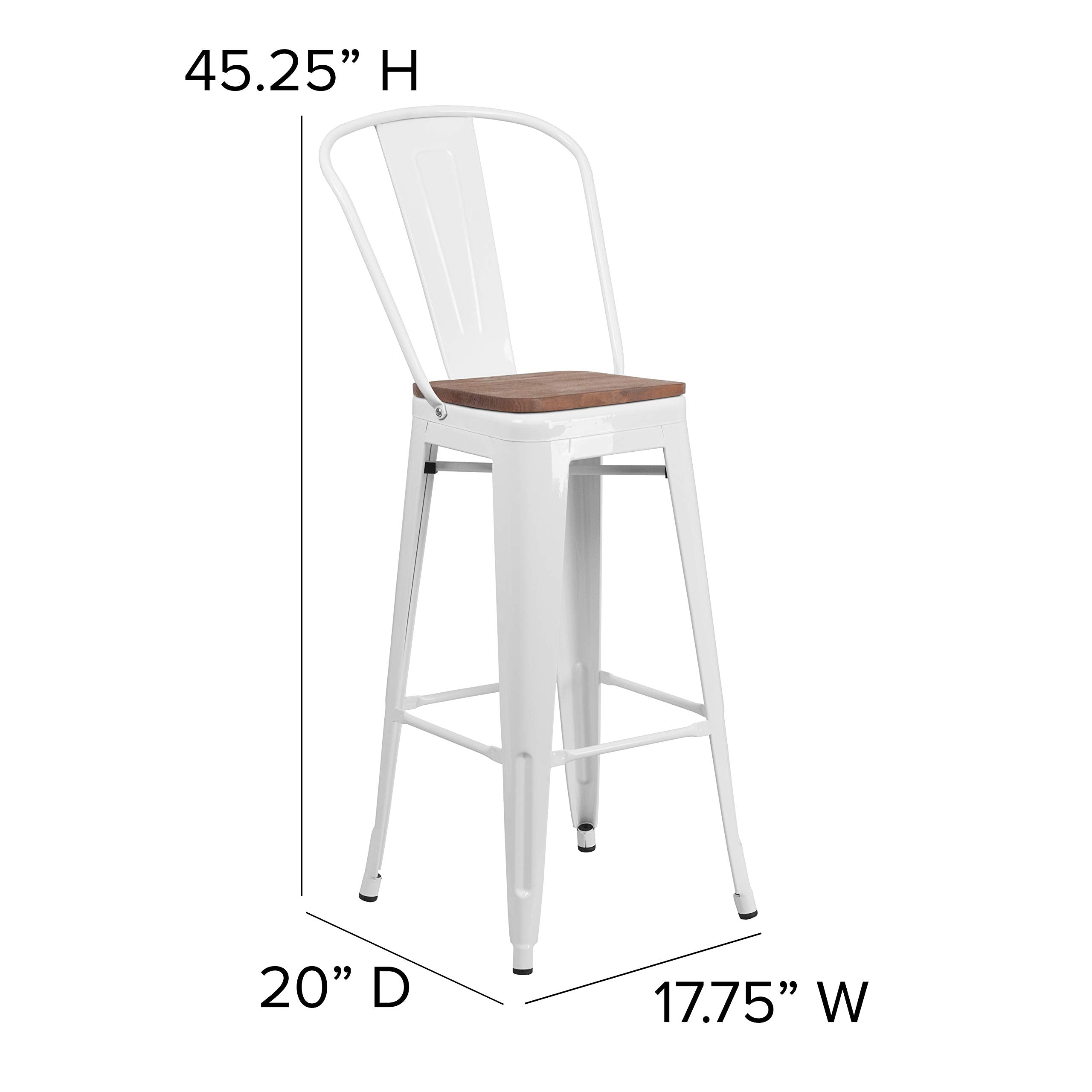 Flash Furniture Lily 30" High White Metal Barstool With Back And Wood Seat