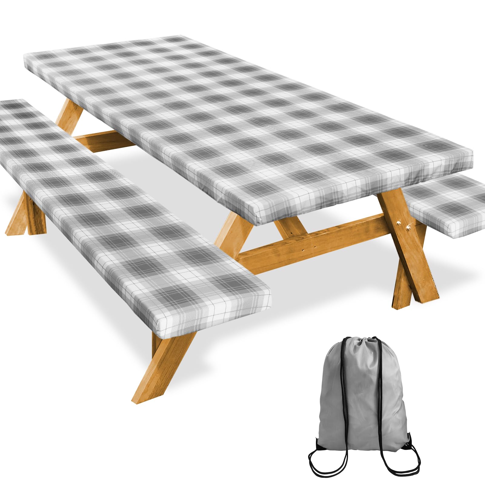 SiorVeol Picnic Table Cover with Bench Covers Camping Essentials Reusable Waterproof Windproof Camping Tablecloth Fitted Rectang
