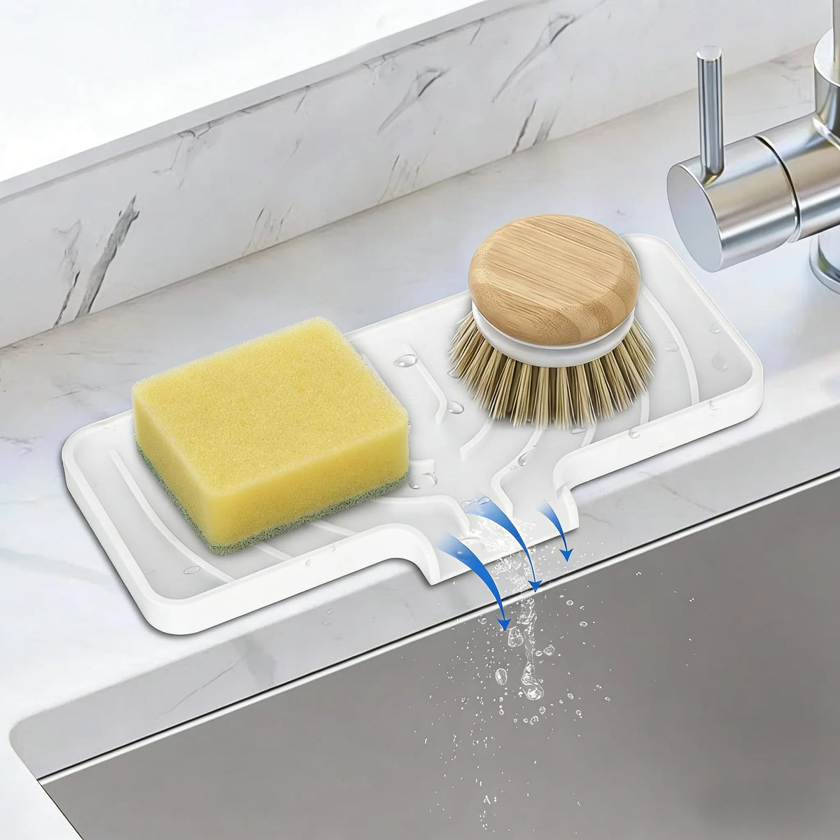 JACZZO Silicone Sponge Holder for Kitchen Sink With Drain Spout, Self Draining, Kitchen Soap Tray, Bathroom Organizer, Sink Cadd