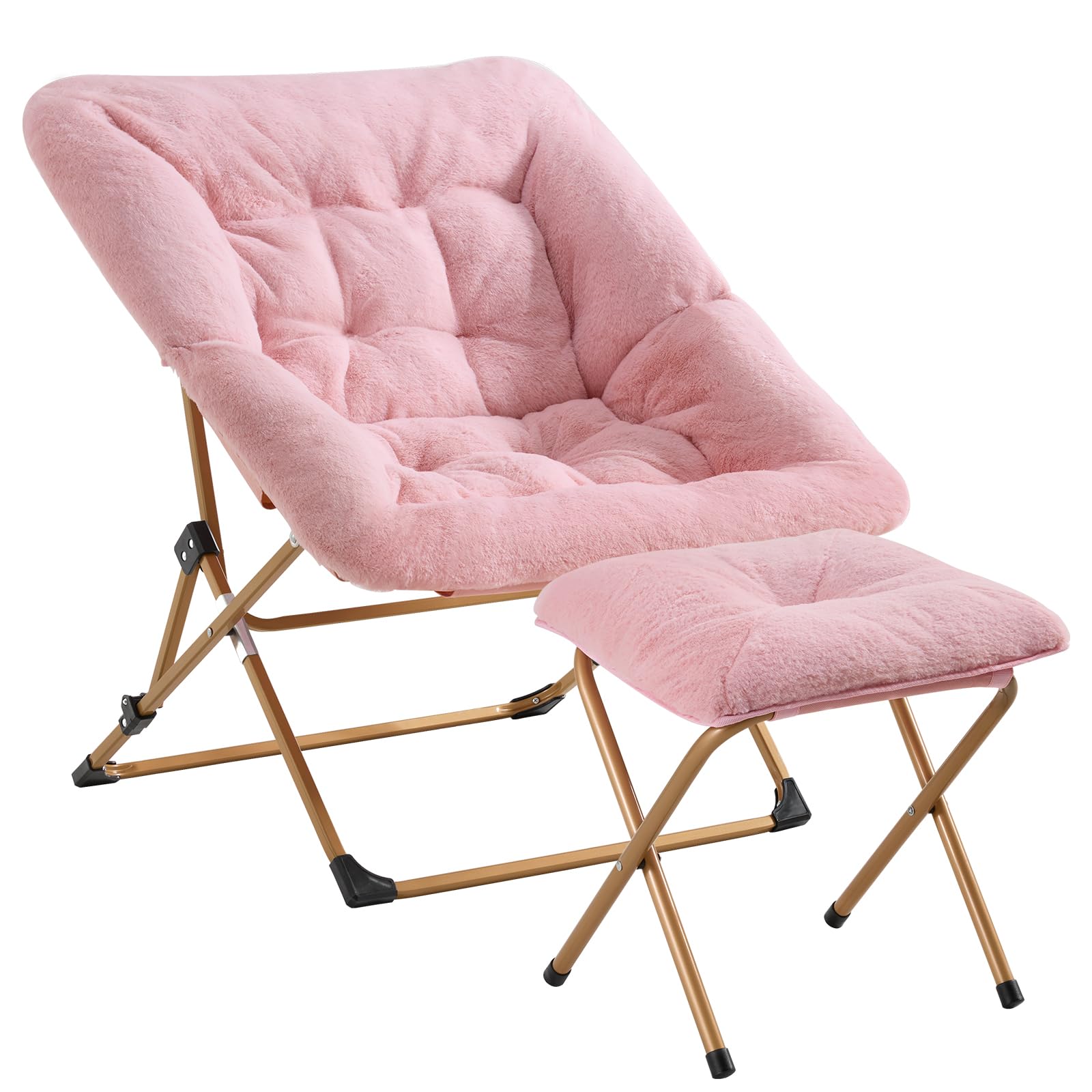 Oakham Comfy Saucer Chair For Adults, Soft Faux Fur Folding Lounge Chair For Bedroom Living Room Dorm Rooms Flexible Reading Chair For Teens Kids, X-Large Foldable Chair (Ottoman-Pink)