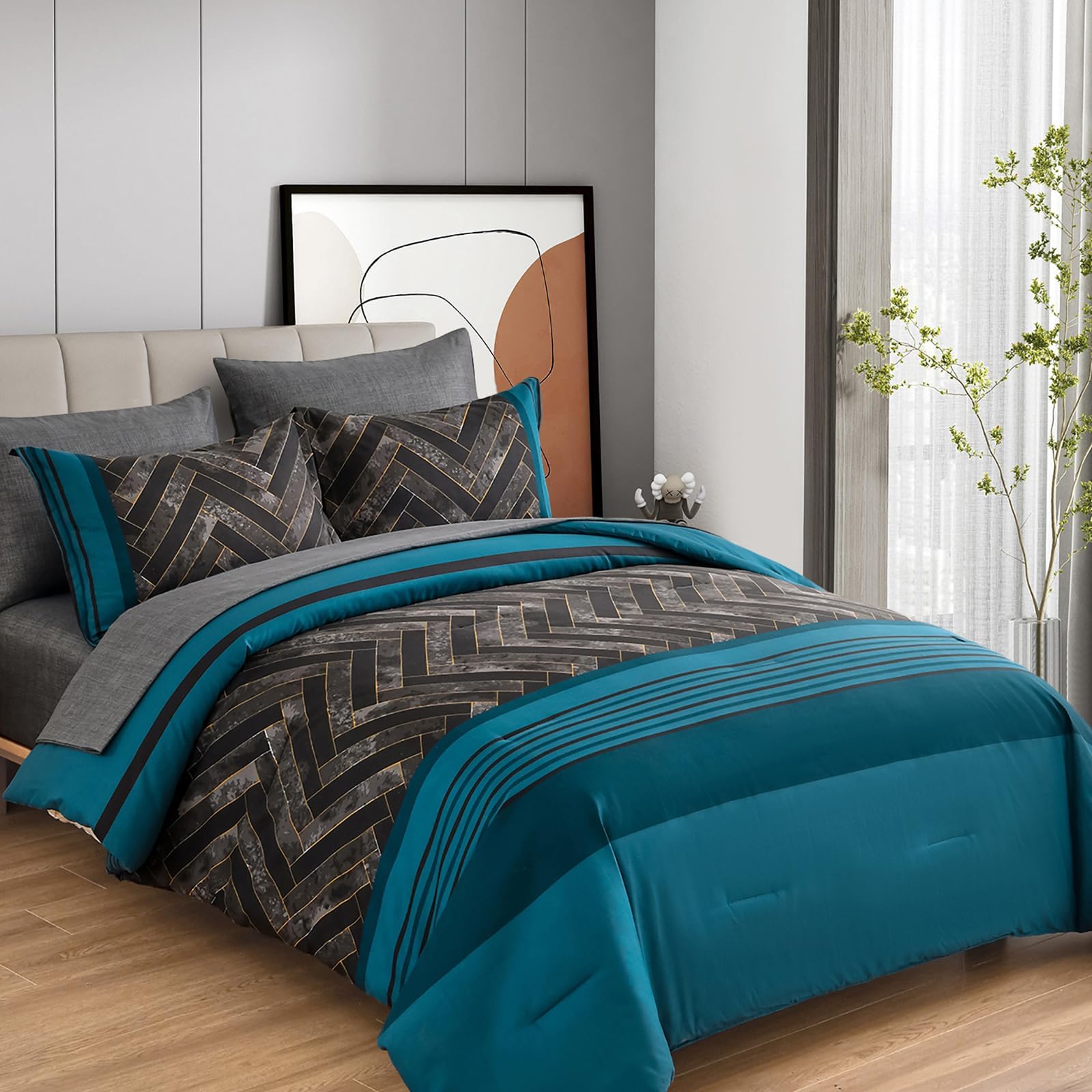 Luxudecor Teal Blue Comforter Set King Size, 7 Pieces Blue And Black Stripe Bed In A Bag, Geometric Comforter And Sheet Set, Sof