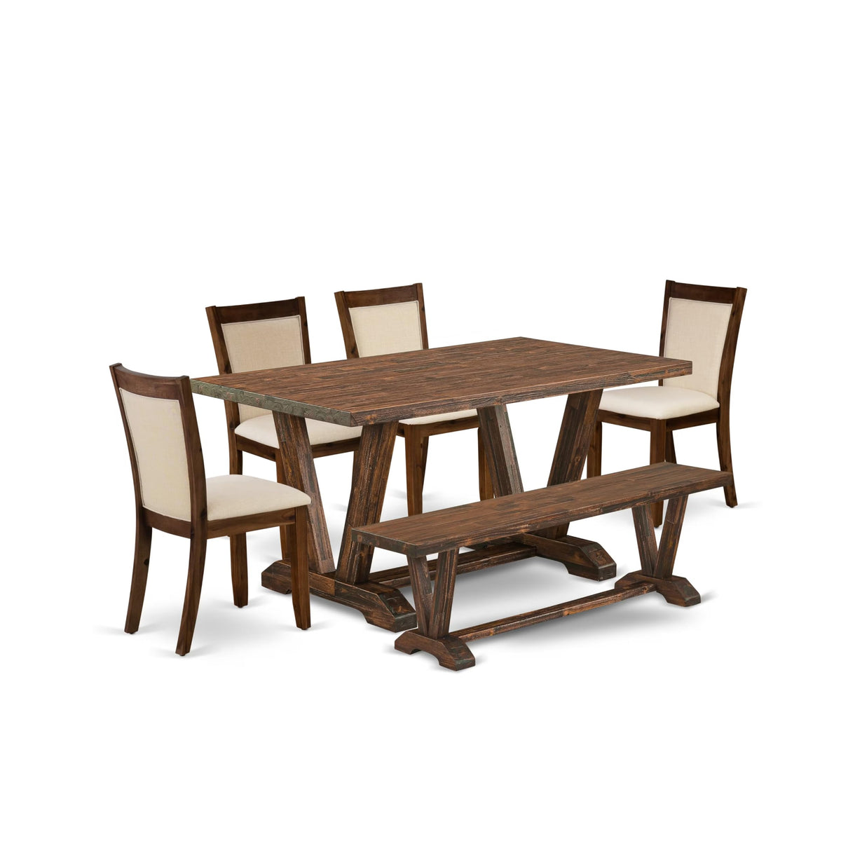 East West Furniture V776Mzn32-6 6 Piece Dining Table Set Contains A Rectangle Wooden Table With V-Legs And 4 Light Beige Linen Fabric Parson Chairs With A Bench, 36X60 Inch, Multi-Color