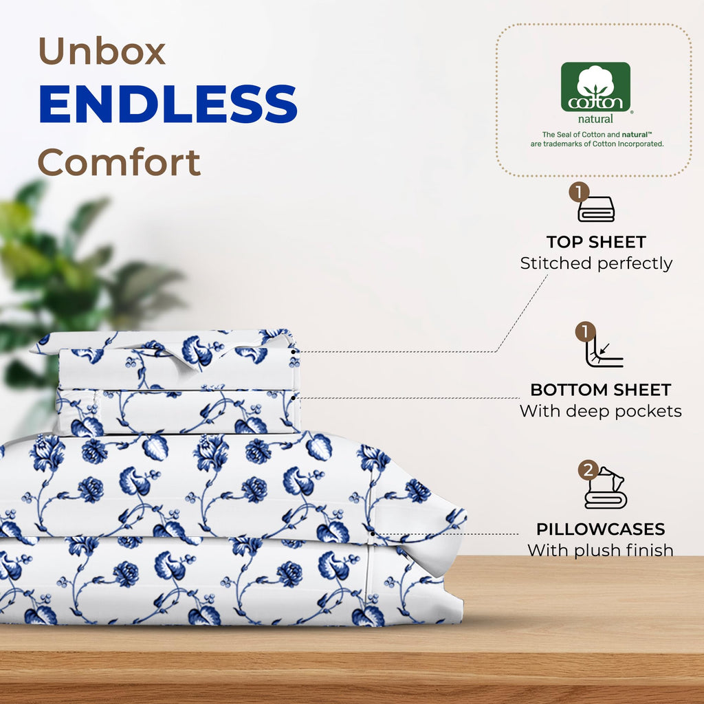 Thread Spread 100% Egyptian Cotton Printed Bed Sheets - 600 Thread Count 4 Pc Queen Sheet Set, Hotel Luxury Sateen Bedsheets, 16' Deep Pocket Soft Cooling Sheets For Queen Size Bed - Floral Blue