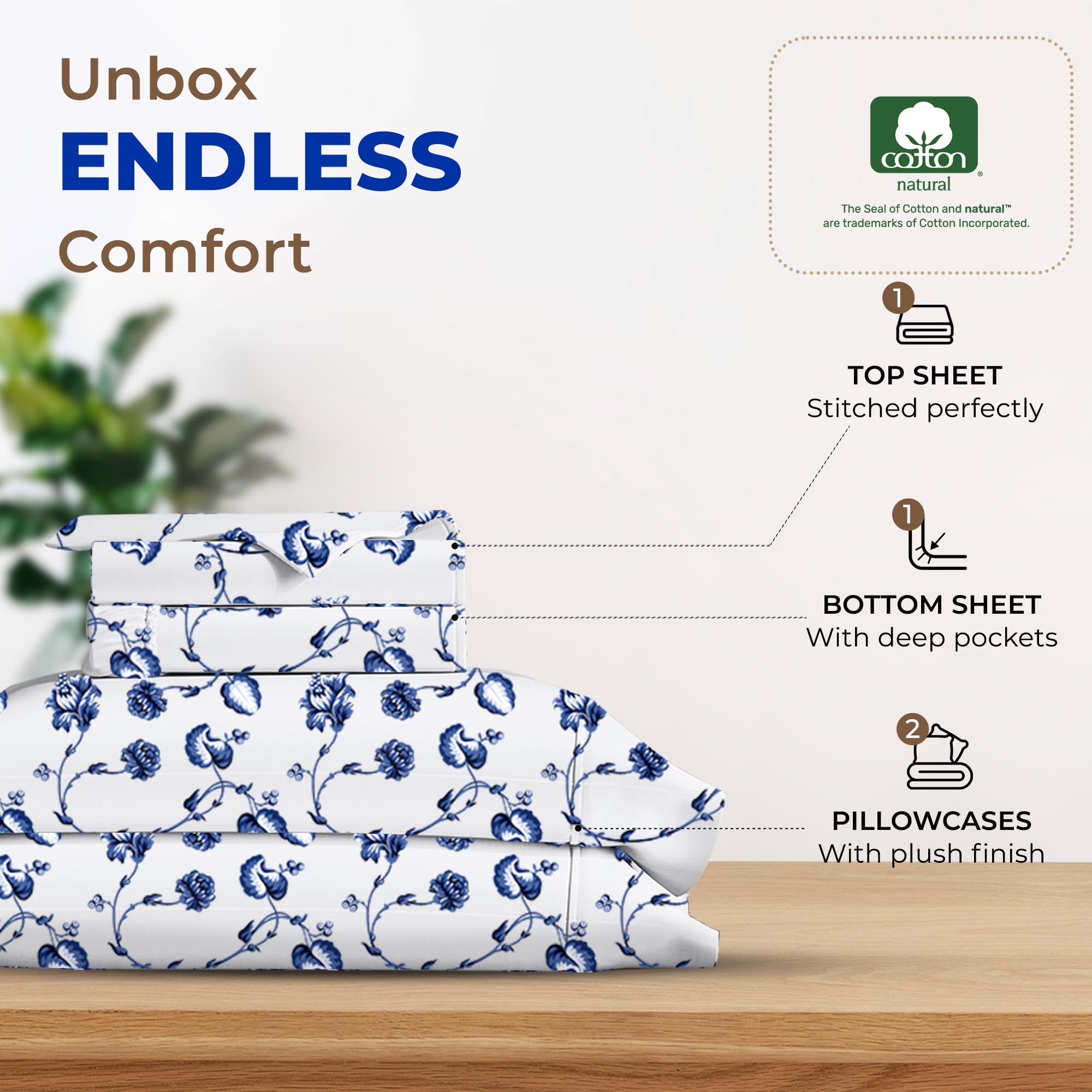 Thread Spread 100% Egyptian Cotton Printed Bed Sheets - 600 Thread Count 4 Pc Queen Sheet Set, Hotel Luxury Sateen Bedsheets, 16' Deep Pocket Soft Cooling Sheets For Queen Size Bed - Floral Blue