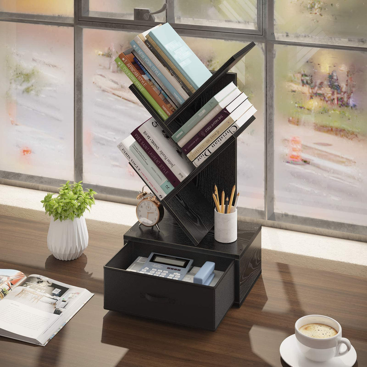 Woodmarwar Wooden Study Table Organiser | Small Desk Organizer Tree Bookshelf For Home & Office | Solid Sheesham Wood, Black Fin