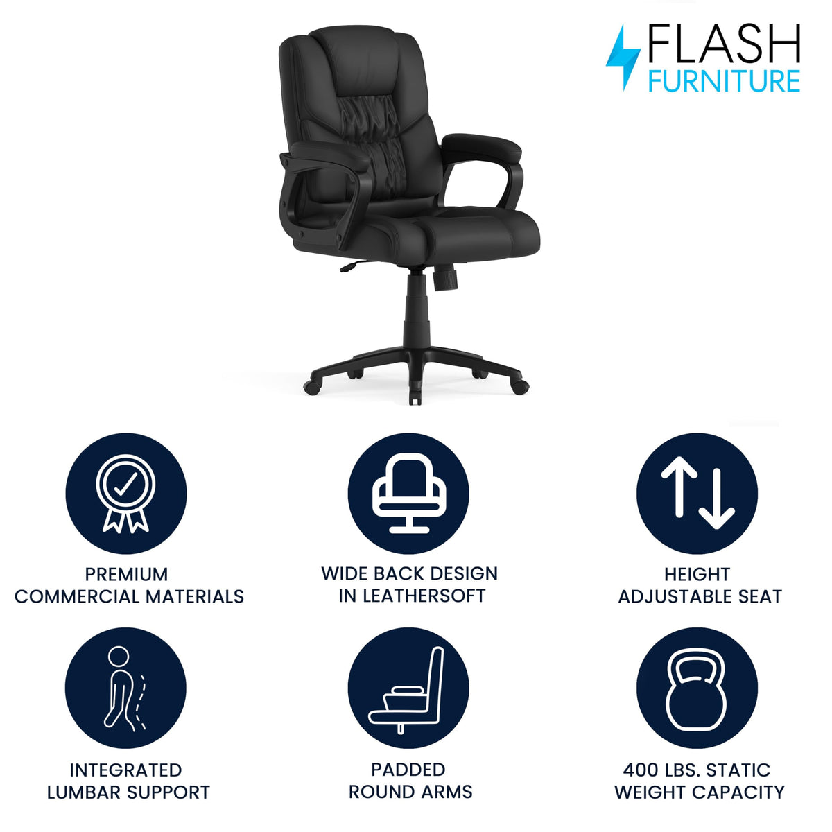 Flash Furniture Fundamentals Big & Tall Swivel LeatherSoft Office and Gaming Chair, Ergonomic Office Chair with Padded Armrests and Adjustable Height, Black
