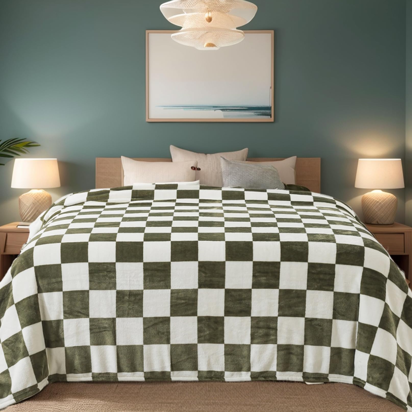 Checkered Twin Size Blanket,Premium Lightweight Anti-Static 66X90 Inches Sage Green Throw Blankets For Twin/Twin Xl Extra Long Bed,Couch, Sofa, Chair, Camping, Picnic,Sage Green
