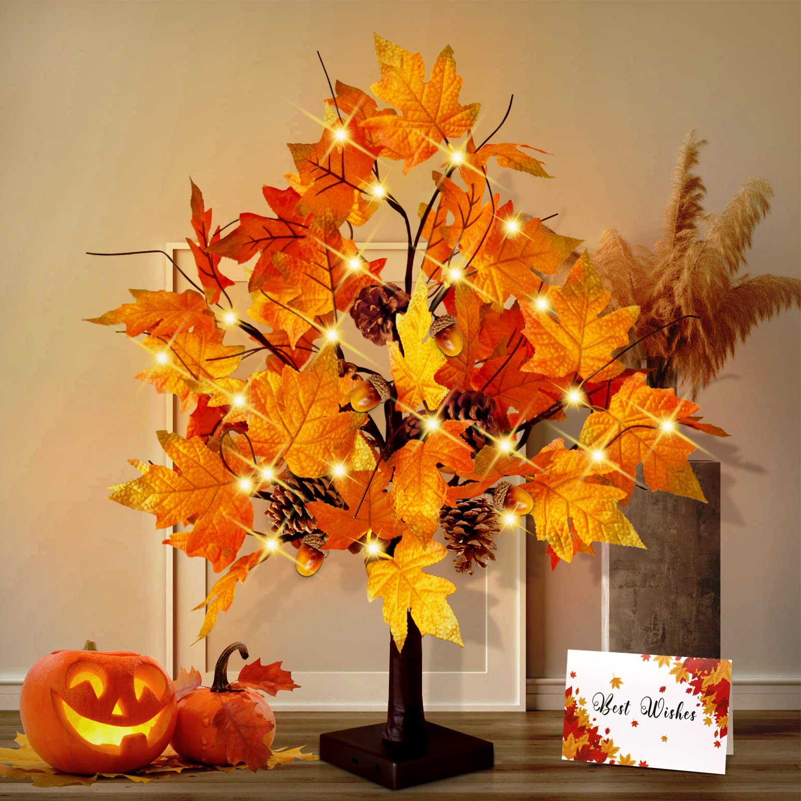 [Timer & USB/Battery Operated] CKE 24 Artificial Fall Lighted Maple Tree, 24 LED Thanksgiving Decorations Table Light Artificial