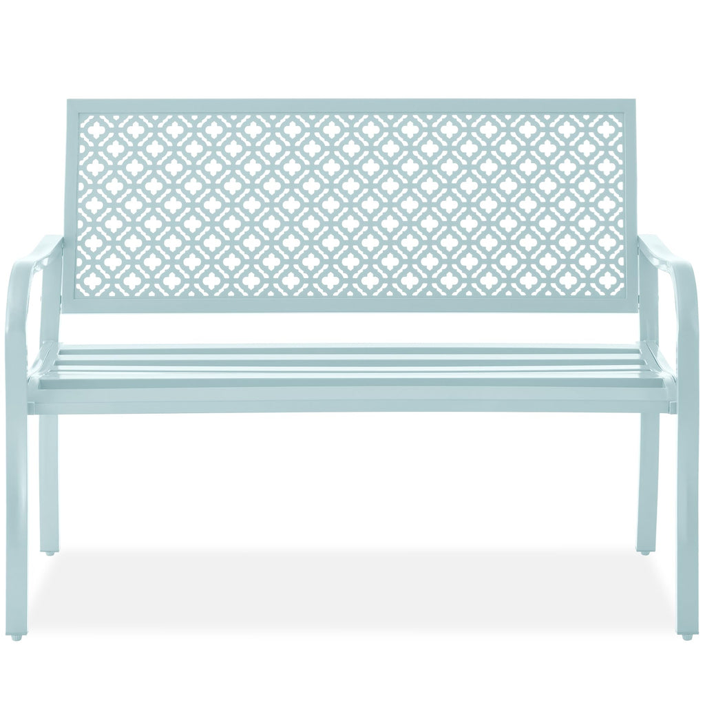 Best Choice Products Outdoor Bench 2-Person Metal Steel Benches Furniture For Garden, Patio, Porch, Entryway W/Geometric Backrest, 790Lb Capacity - Sky Blue