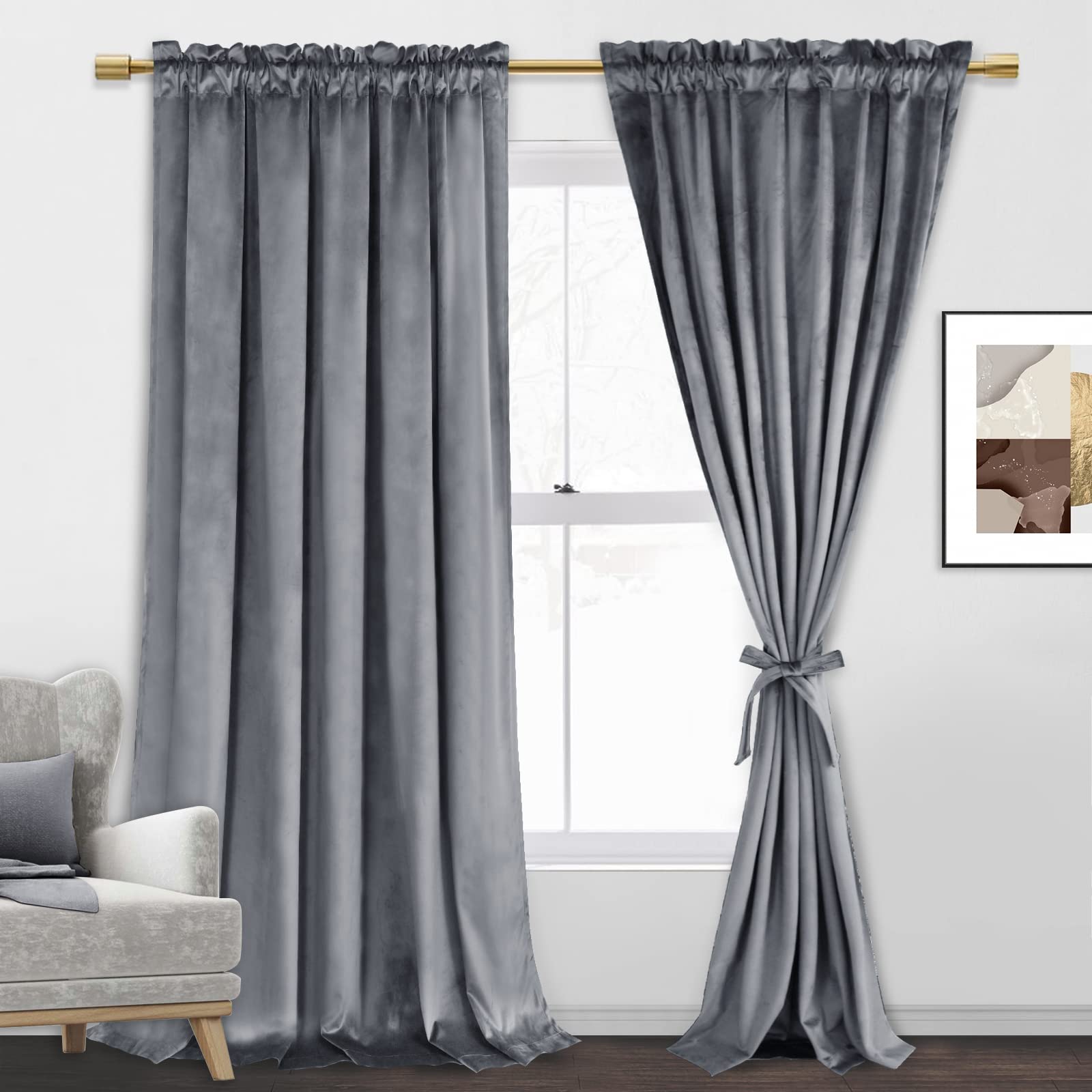 Jiuzhen Grey Velvet Curtains 84 Inches For Living Room - Soft Retro Blackout Velvet Drapes Rod Pocket Room Darkening Thermal Ins