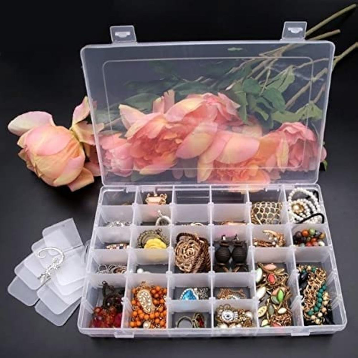 ONEFIRE Plastic 36 Grid Cells Multicolorpurpose Jewelry Organizer Rectangular Storage Box, With Adjustable Dividers, Transparent