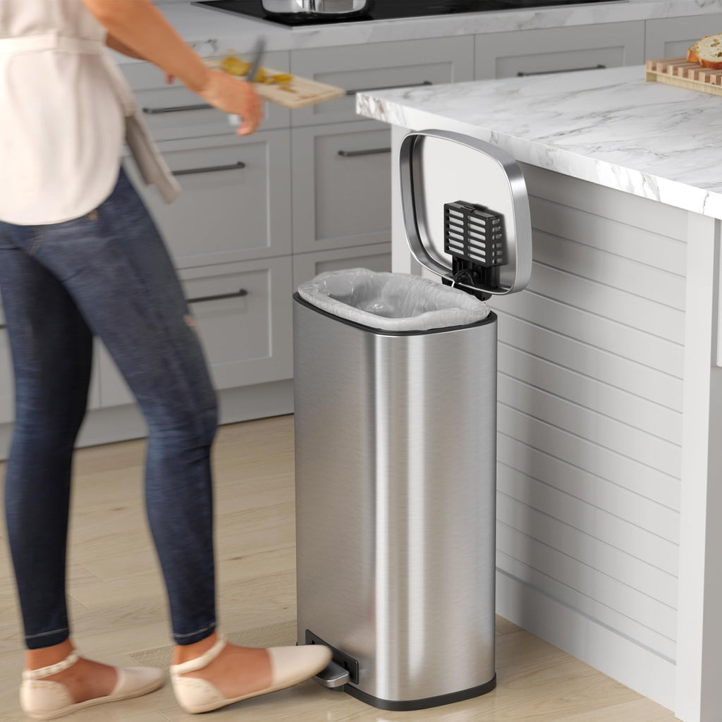 Itouchless Softstep 8 Gallon Stainless Steel With Deodorizer Filter System & Inner Bucket, 30 Liter Foot Pedal Garbage Bin For O