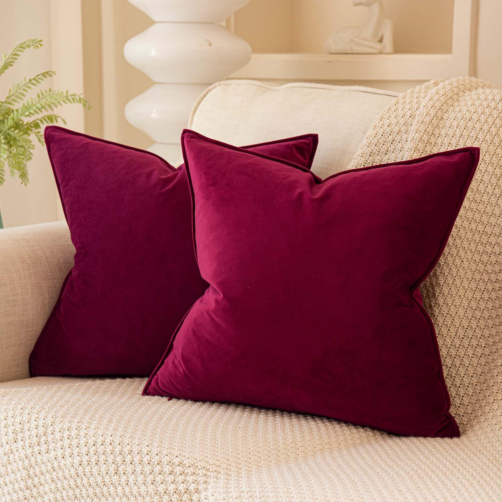 Juspurbet Burgundy Christmas Decorative Velvet Throw Pillow Covers 18X18 Inch Set Of 2,Broadside Soft Cushion Case With Invisibl