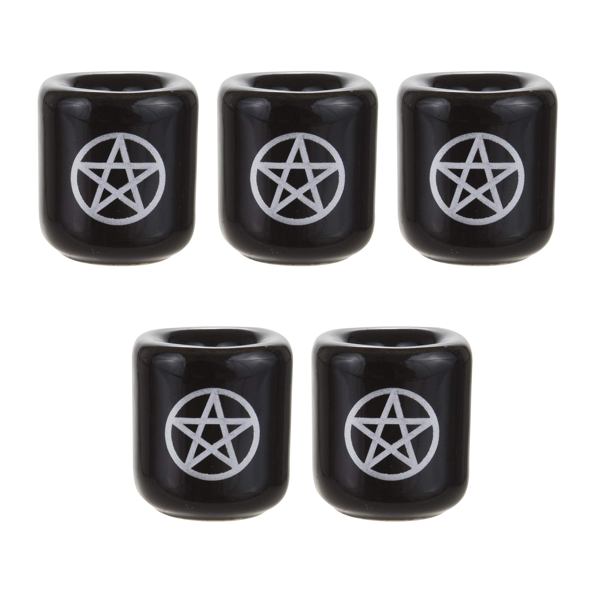 Mega Candles - 5 pcs Ceramic Silver Pentacle Chime Ritual Spell Candle Holder - Black