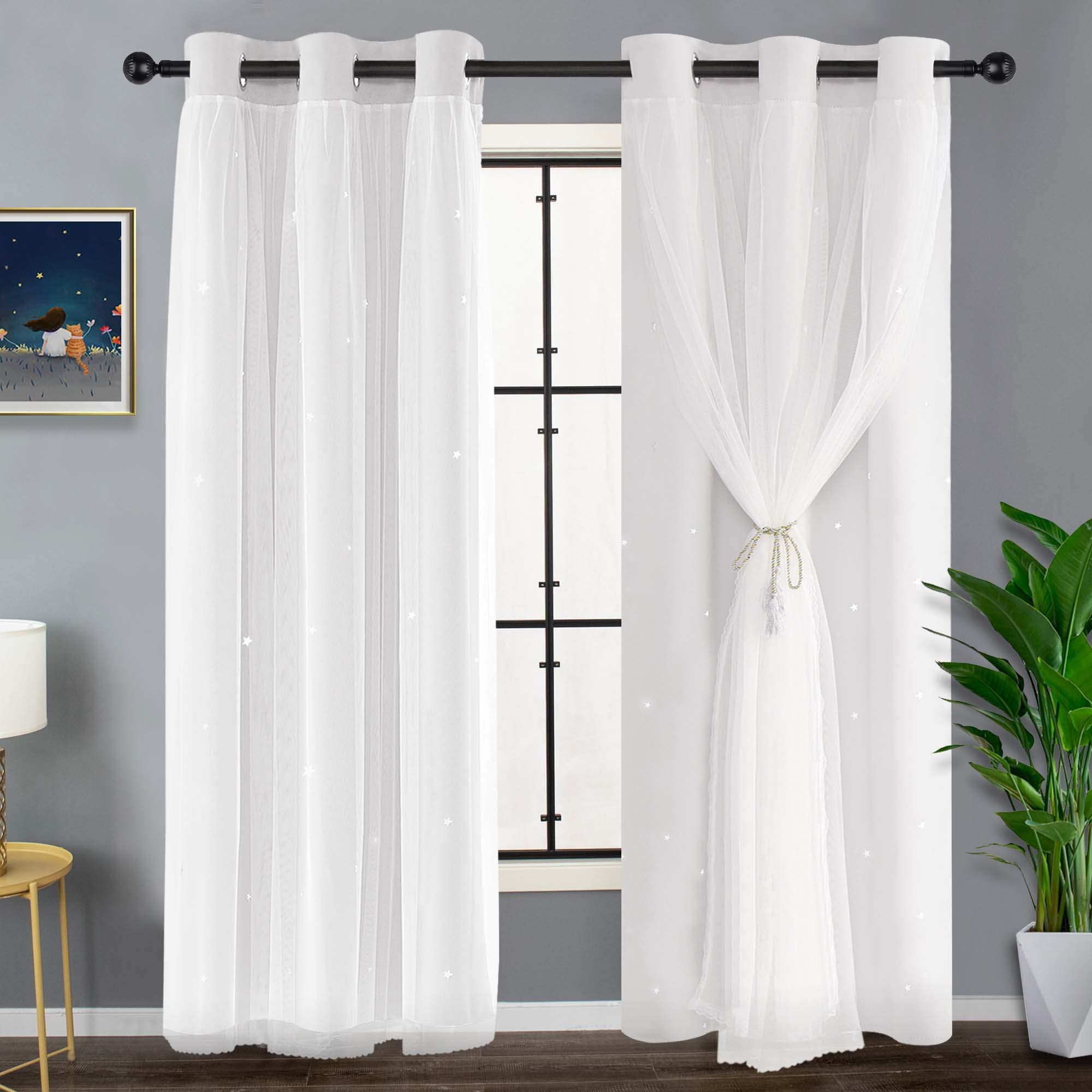 Kinryb White Star Cut-Out Window Curtains Double Layer Thermal Insulated Light Blocking Blackout Curtains White Sheer With Black