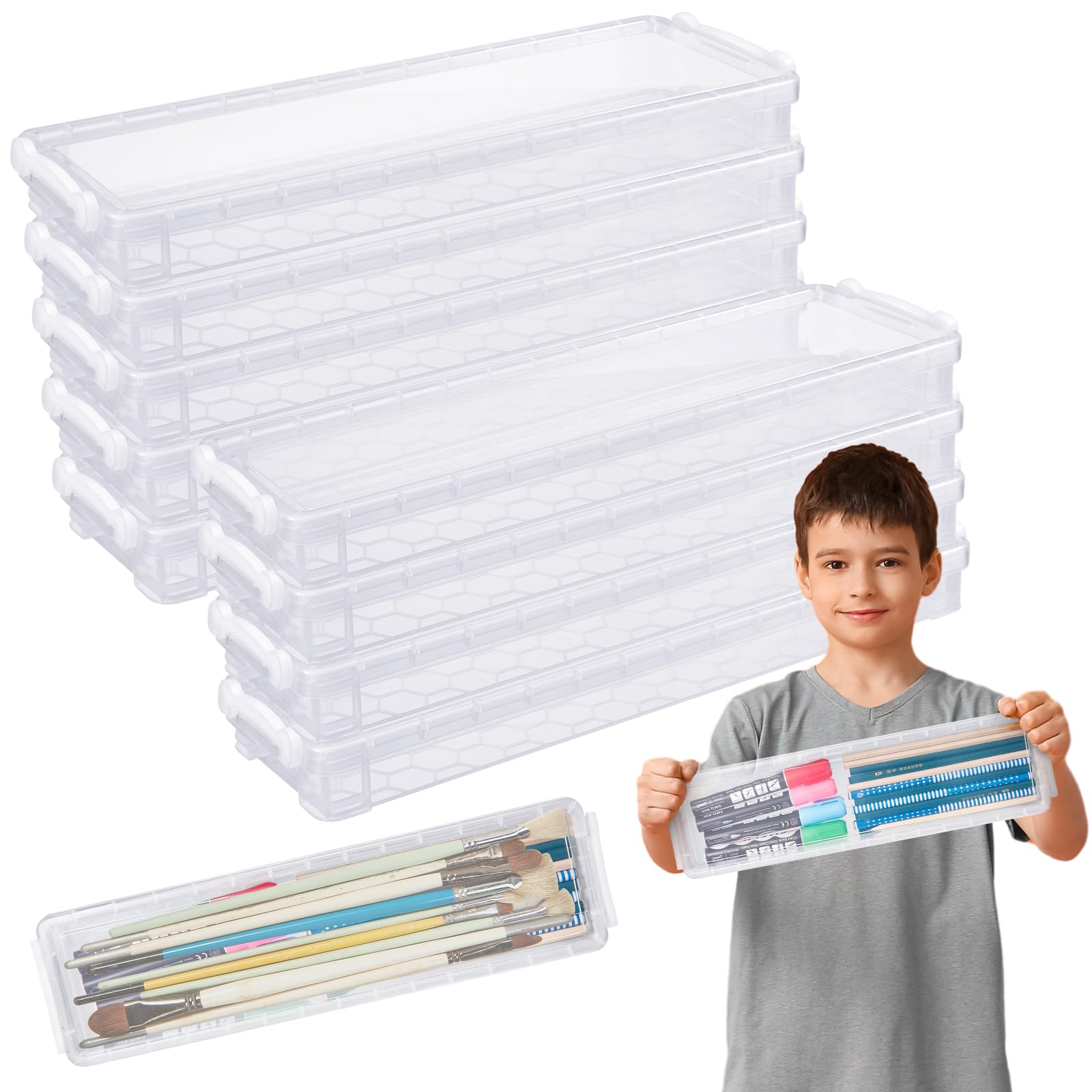 Suclain 10 Pcs Long Extra Large Pencil Box Plastic Stackable Storage Organizer Box Large Capacity Office Supply Box Pencil Holde