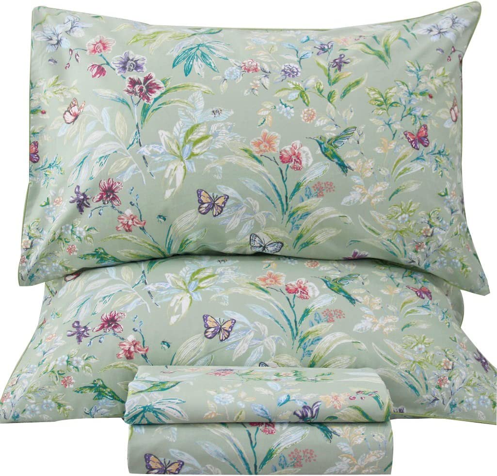 Qsh 100% Egyptian Cotton Sheets Twin Size, Green Flower Bird Butterfly Pattern Botanical Luxury Printed Bedding Flower Twin Bed