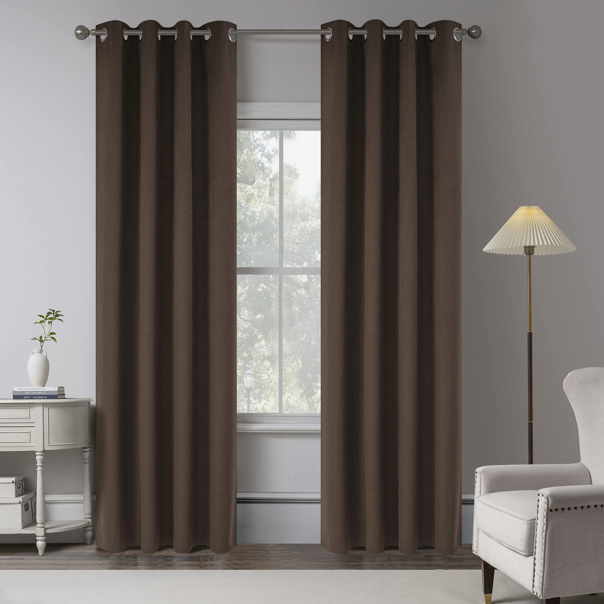 Deep Brown 100% Blackout Linen Curtains 102 Inches Long 2 Panels For Bedroom,Country Rustic Full Light Blocking Curtain Drapes F