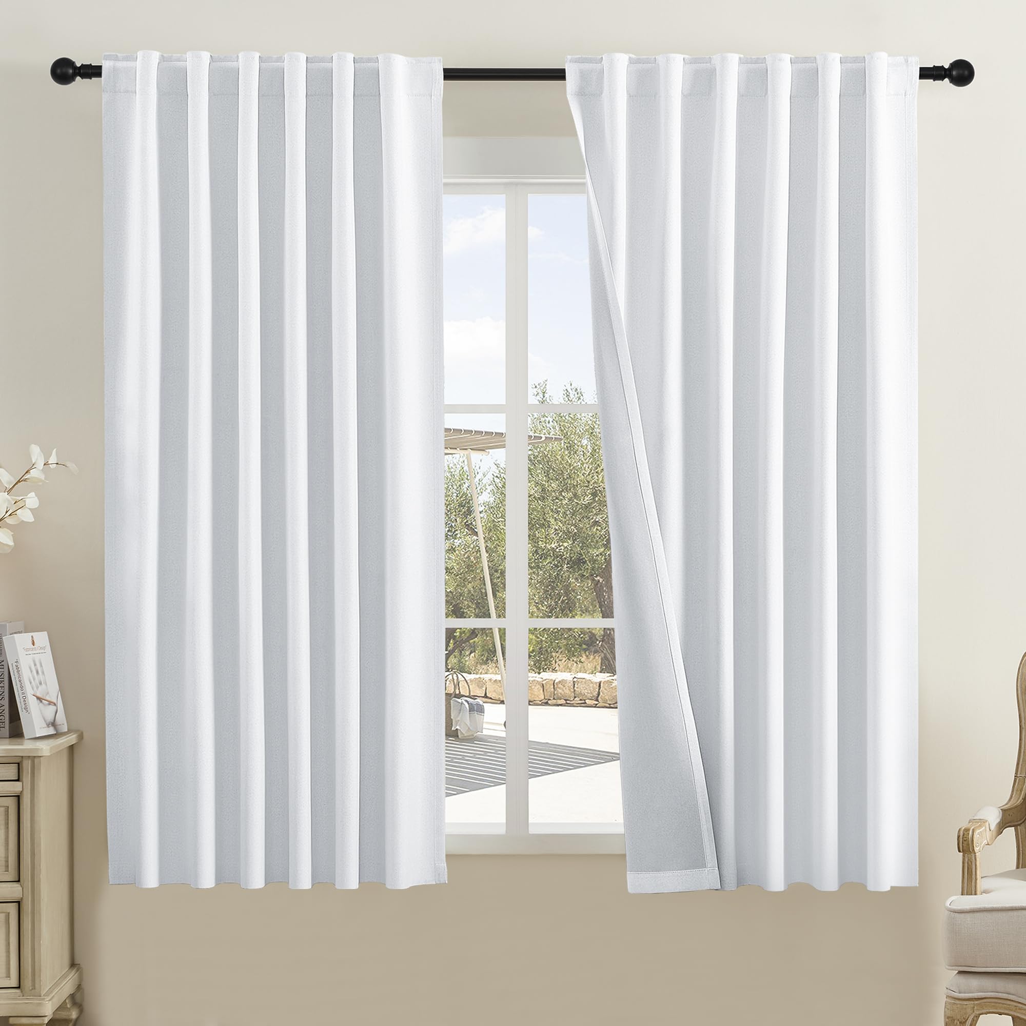 Dualife White Curtains 63 Inch Length For Bedroom Back Tab Pocket Burlap Farmhouse Style Noise Reducing Sun Blocking Drapes For