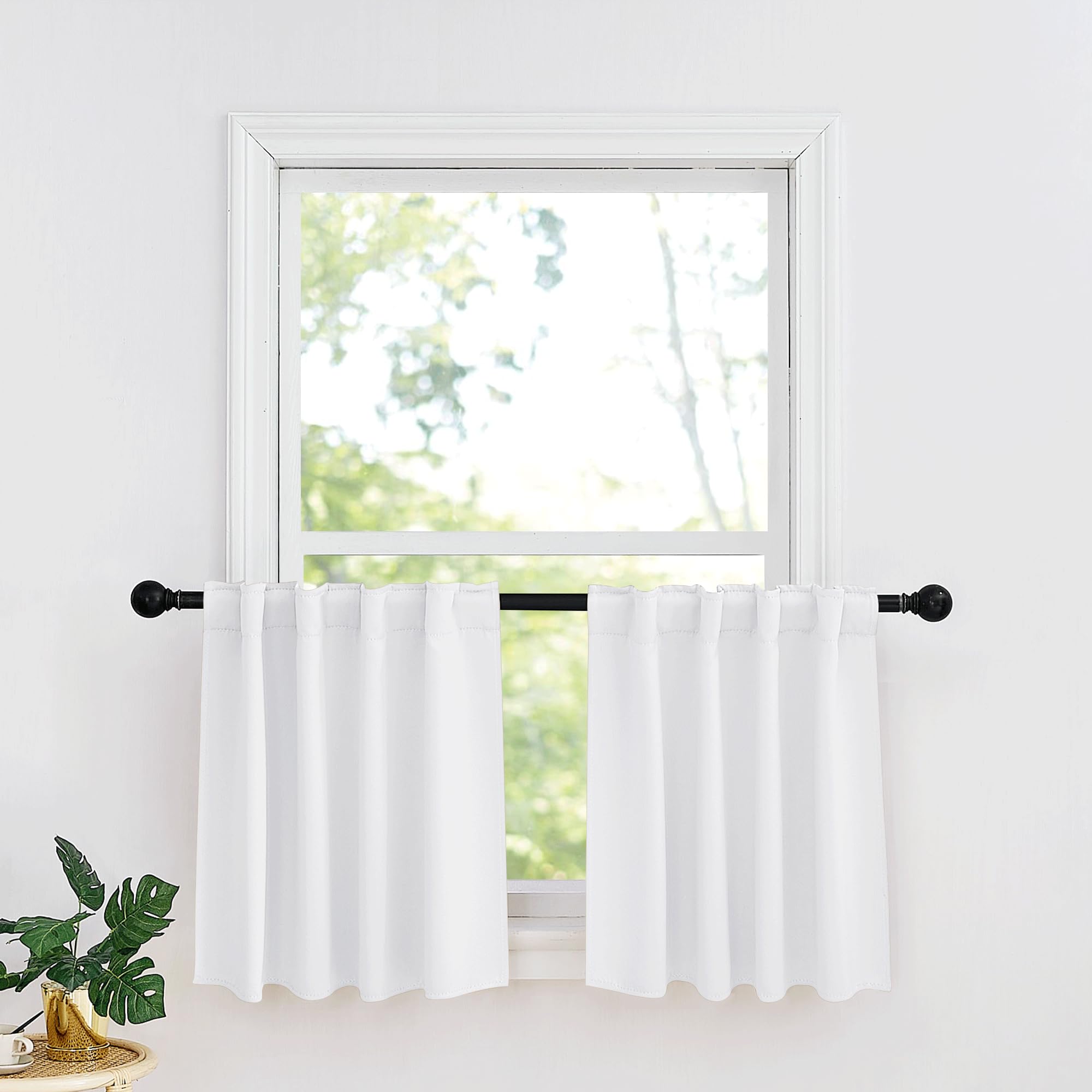 Ryb Home Small Window Curtains - Blackout Insualting Privacy Curtains For Kids Bedroom Kitchen Bathroom Basement Cafe Cabinet Tiers Curtains, 34 Width X 30 Length, 2 Panels, Pure White