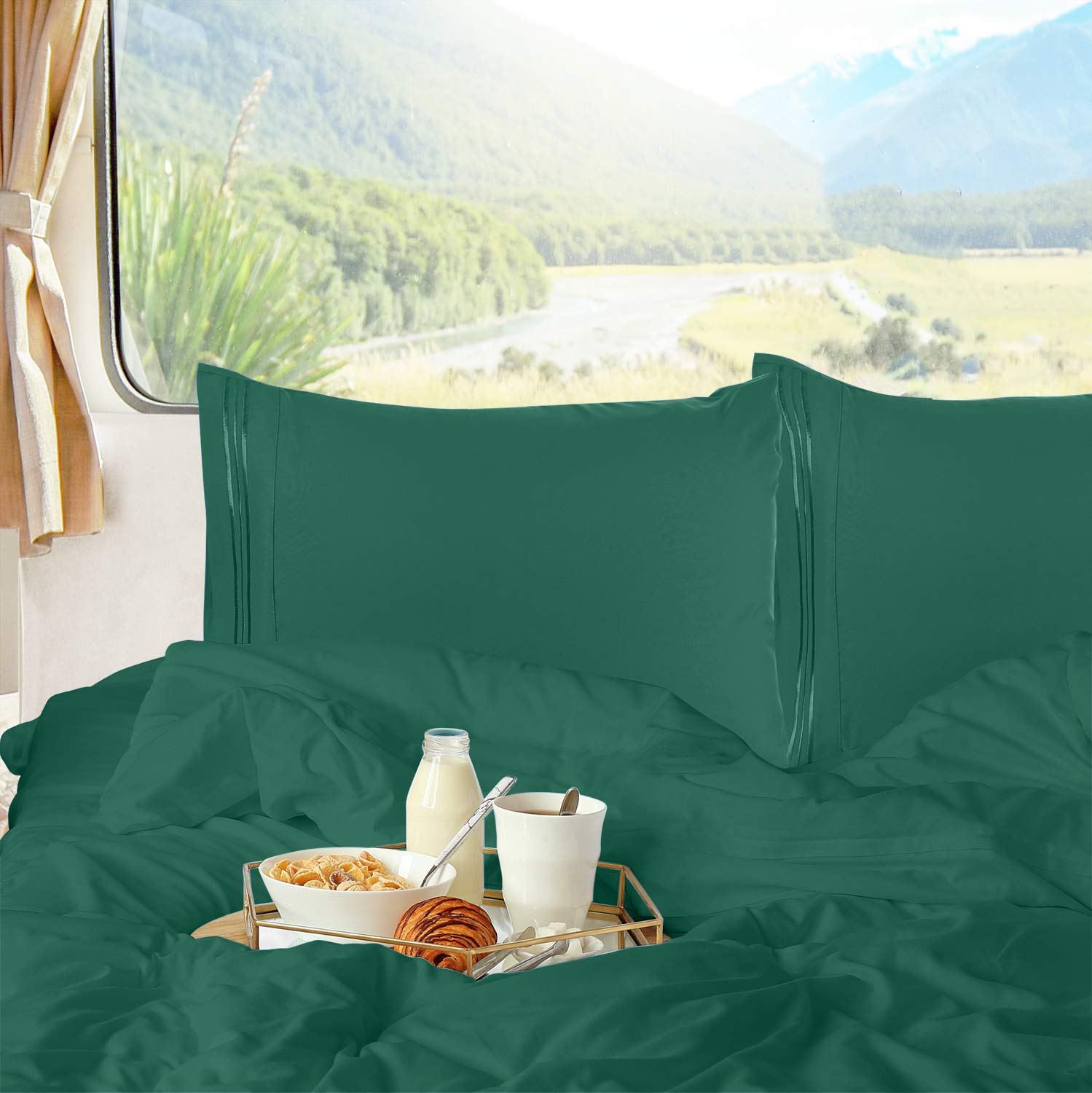 Nestl Hunter Green Rv Queen Sheets – Super Soft Rv Short Queen Sheets For Rv Camper, 6 Piece 1800 Microfiber Fitted Rv Sheets, Double Brushed Rv Bed Sheets Set, Camper Sheets And Pillowcases