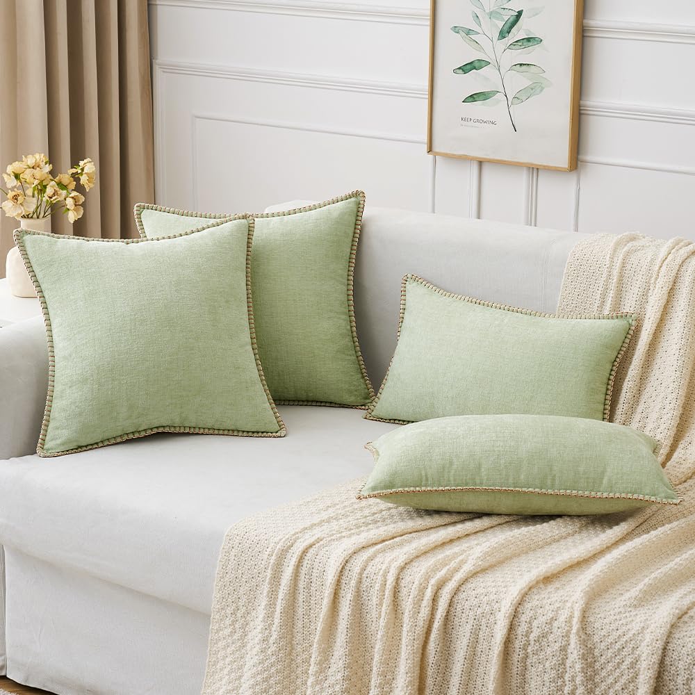 Miulee Pack Of 2 Couch Throw Pillow Covers 18X18 Inch Light Green Farmhouse Decorative Pillow Covers With Stitched Edge Soft Chenille Solid Dyed Spring Pillow Covers For Sofa Bed Living Room
