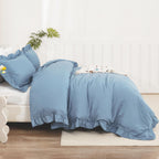 Litanika Grayish Blue Full Size Comforter Sets, 3 Pieces Ruffle Farmhouse Aesthetic Bedding Comforter Sets, All Season Soft Ligh