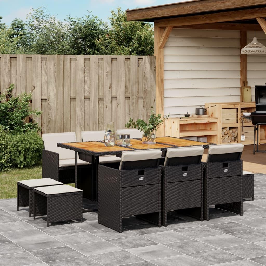 vidaXL 11 Piece Patio Dining Set - Black Poly Rattan with Cushions - Acacia Wood Tabletop - Space-Saving Foldable Chairs - Ideal for Garden, Backyard, Patio, Deck