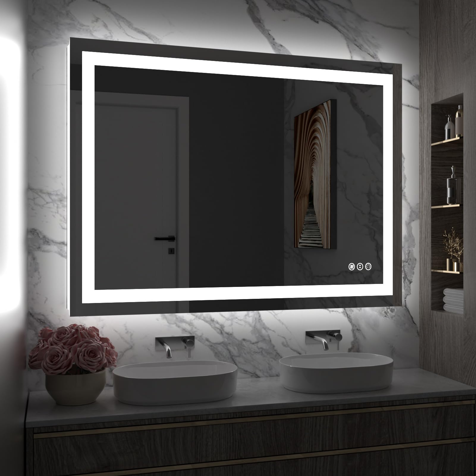 Amorho 40x 30 LED Bathroom Mirror with Black Frame, Front Light and Backlit(Controlled Separately), Stepless Dimmable, Anti-Fog,