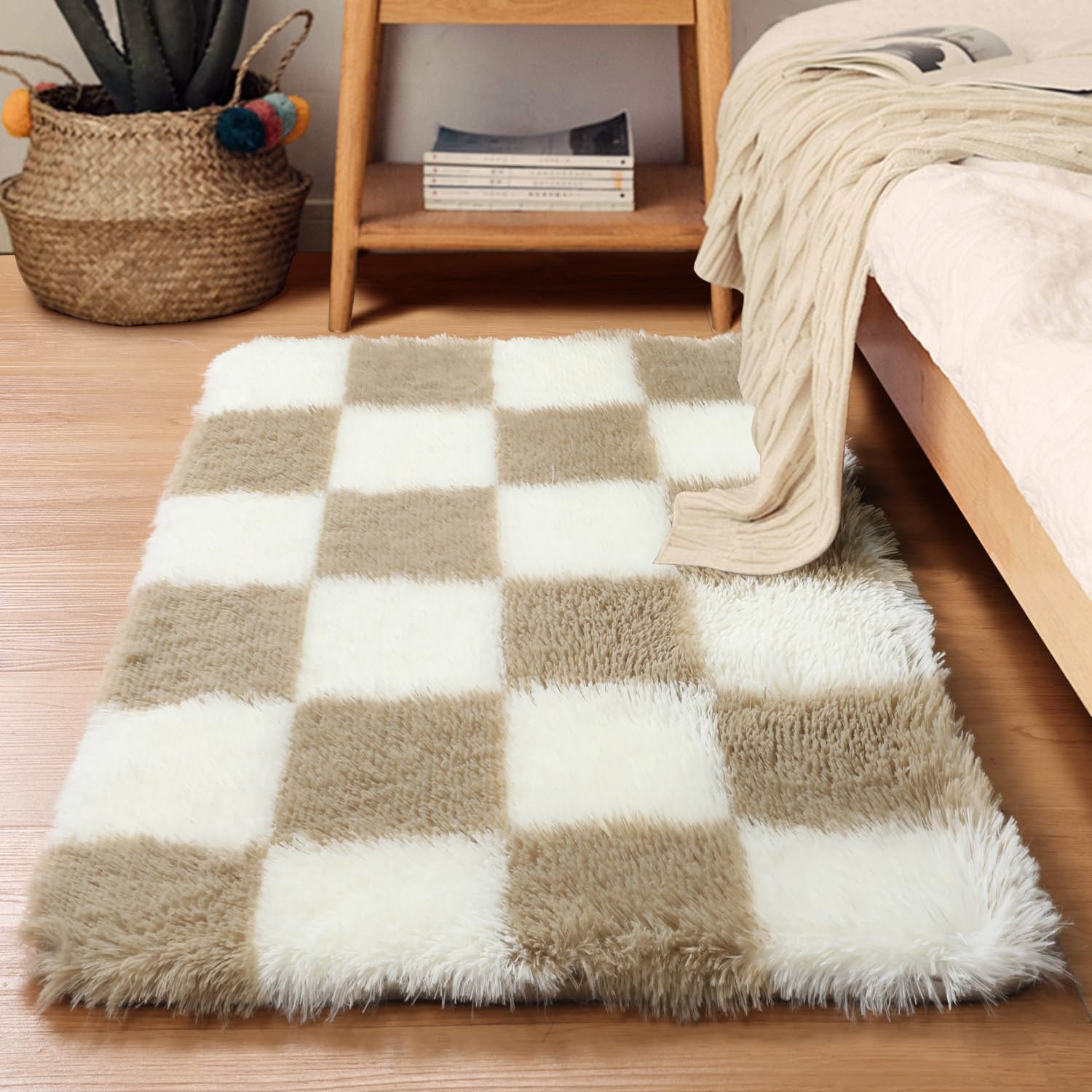 KICMOR Small Beige and Cream White Area Rugs for Bedroom, 2x3 Fluffy Fuzzy Plush Shaggy Checkered Rug, Soft Furry Bedside Rug Sm