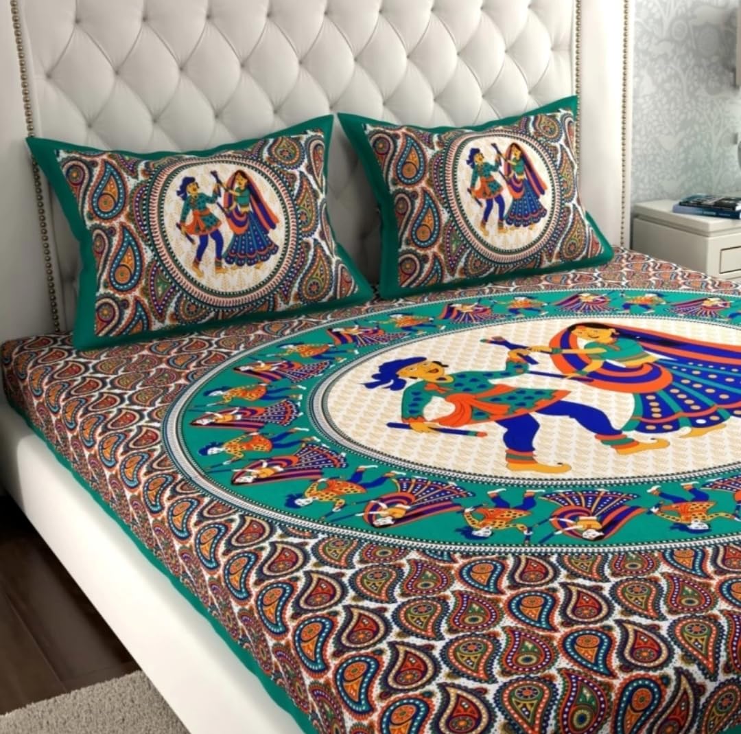 EWISH BOX Traditional Indian Jaipuri Bedding Set with Dancing Couple Print, Double Bed Sheet with 2 Pillow Covers, Teal and Mul