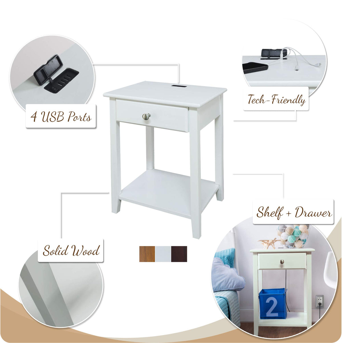 Casual Home Night Owl Nightstand With Usb Ports-Warm Brown