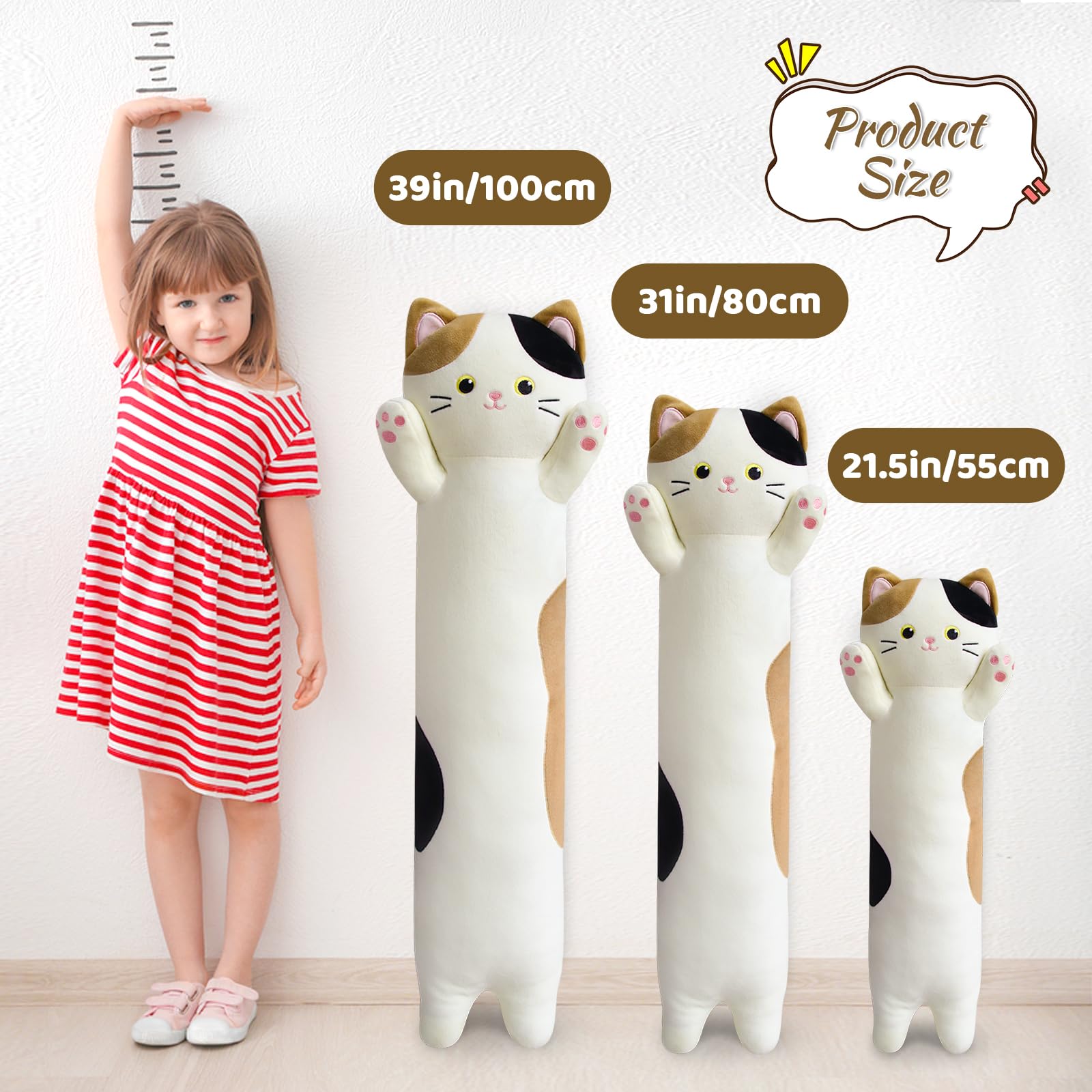 Jerokumi Long Cat Plush Pillow, 31Inch Cartoon Cat Boby Pillow Long Cat Hugging Pillow For Girls, Ctue Long Cat Pillow For Kids,