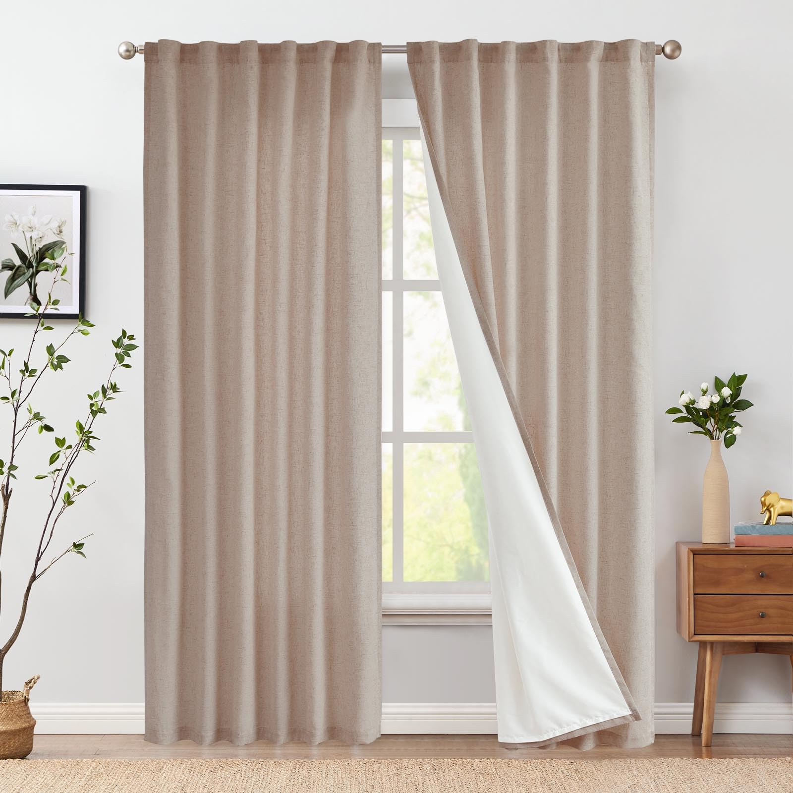 Jinchan Linen Blend Curtains 96 Inch Long For Living Room Farmhouse Rod Pocket Back Tab Light Filtering Window Drapes With Lined For Bedroom Taupe 2 Panels