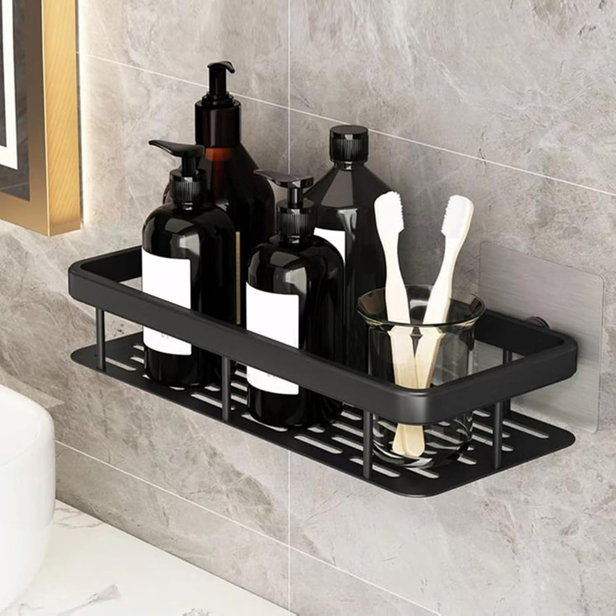 JALCON Black Bathroom Shelf Wall Mounted | Self Adhesive Shower Shelf Organizer | No Drill Bathroom Storage Rack for Shampoo & A