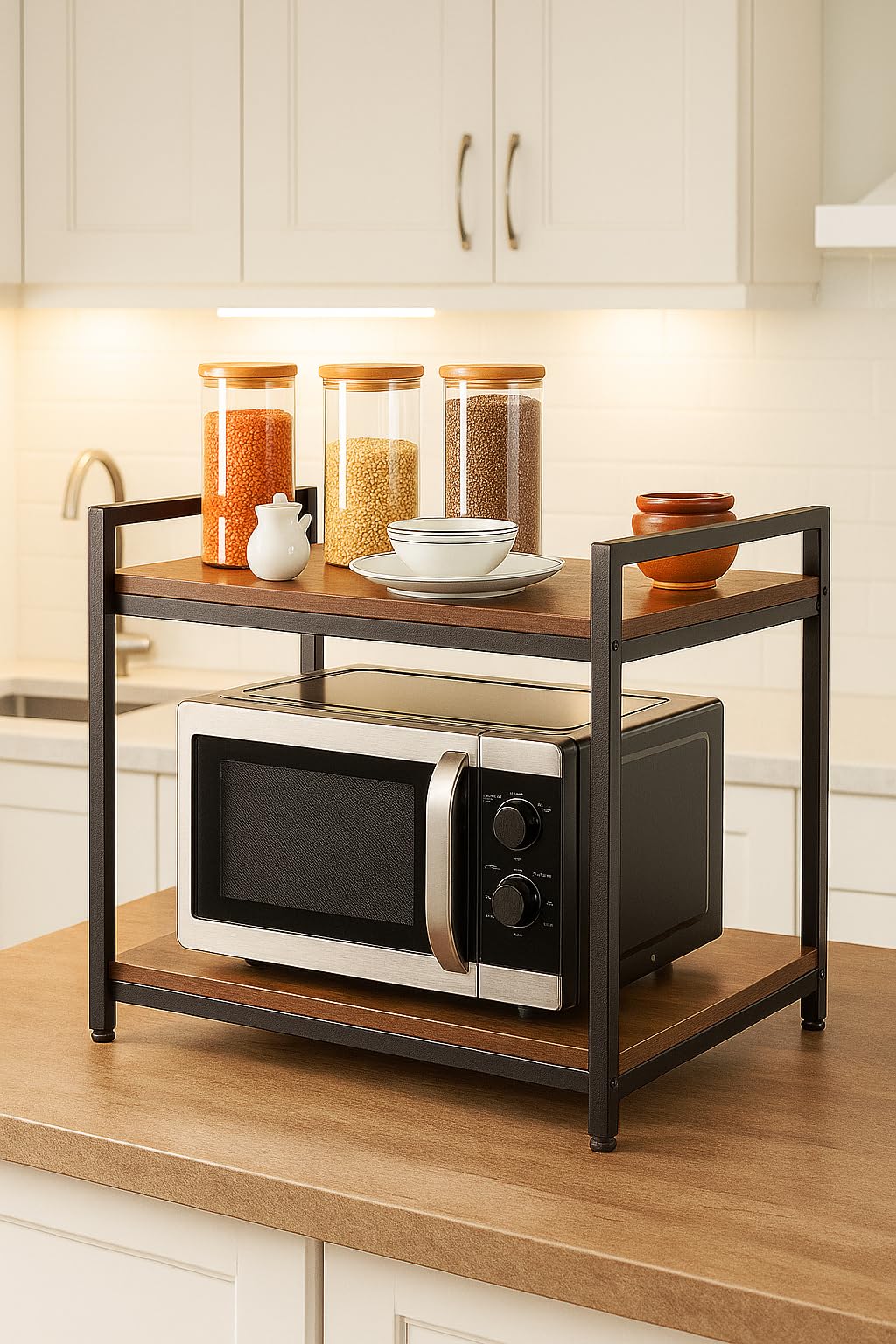 FLIPZON Metal MultiPurpose Rack for Microwave, Oven, OTG | Kitchen Organizer (Walnut Brown), Freestanding