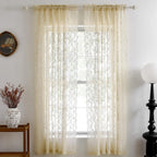 Beige Lace Curtains 63 Inch Length 2 Panels Set Rustic Leaf Floral Patterned Farmhouse Vintage Lace Sheer Curtains For Bedroom D