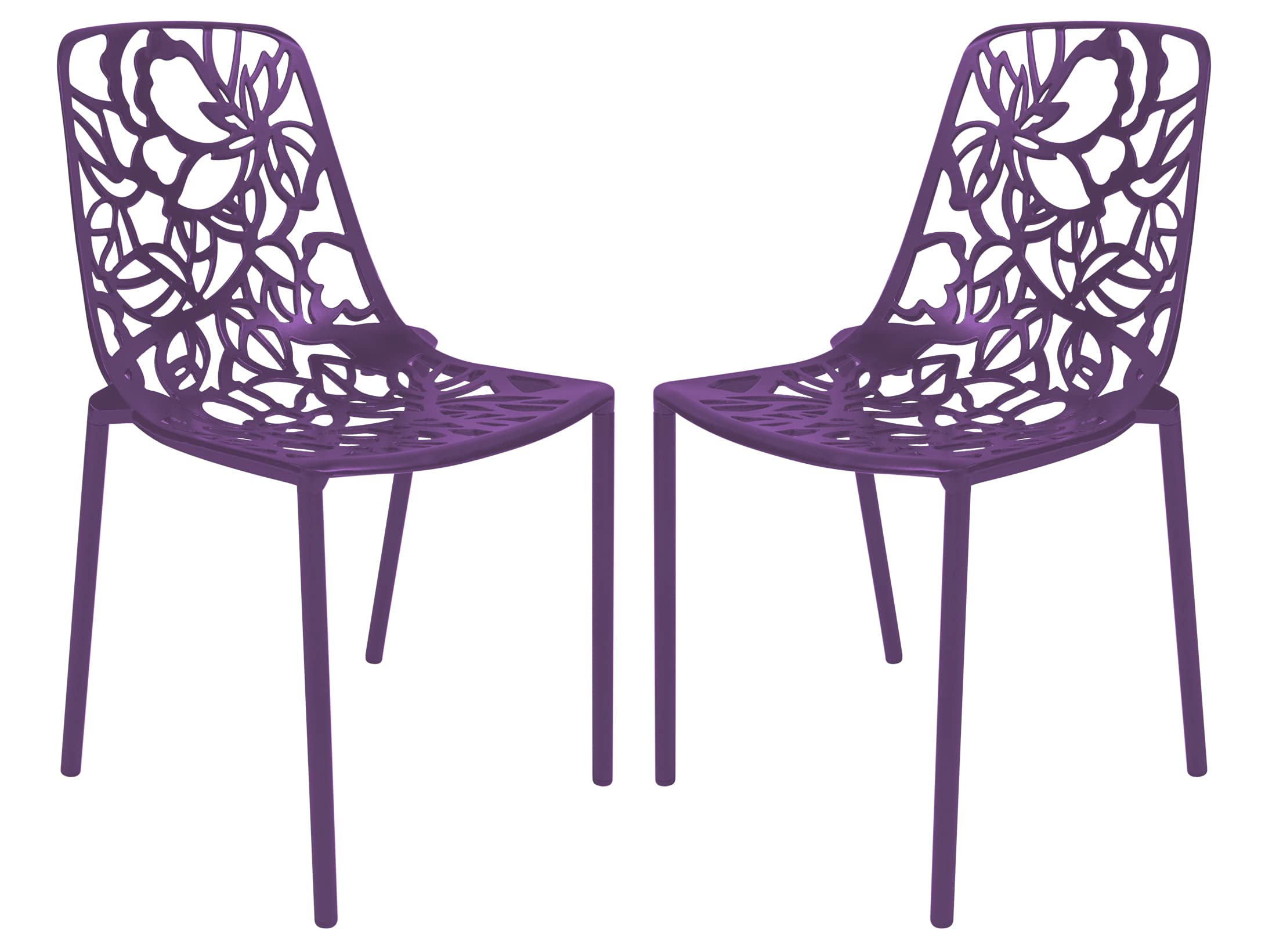 LeisureMod Stackable Purple Dining Side Chair Set of 2 for Patio & Kitchen with Floral Cutout Design