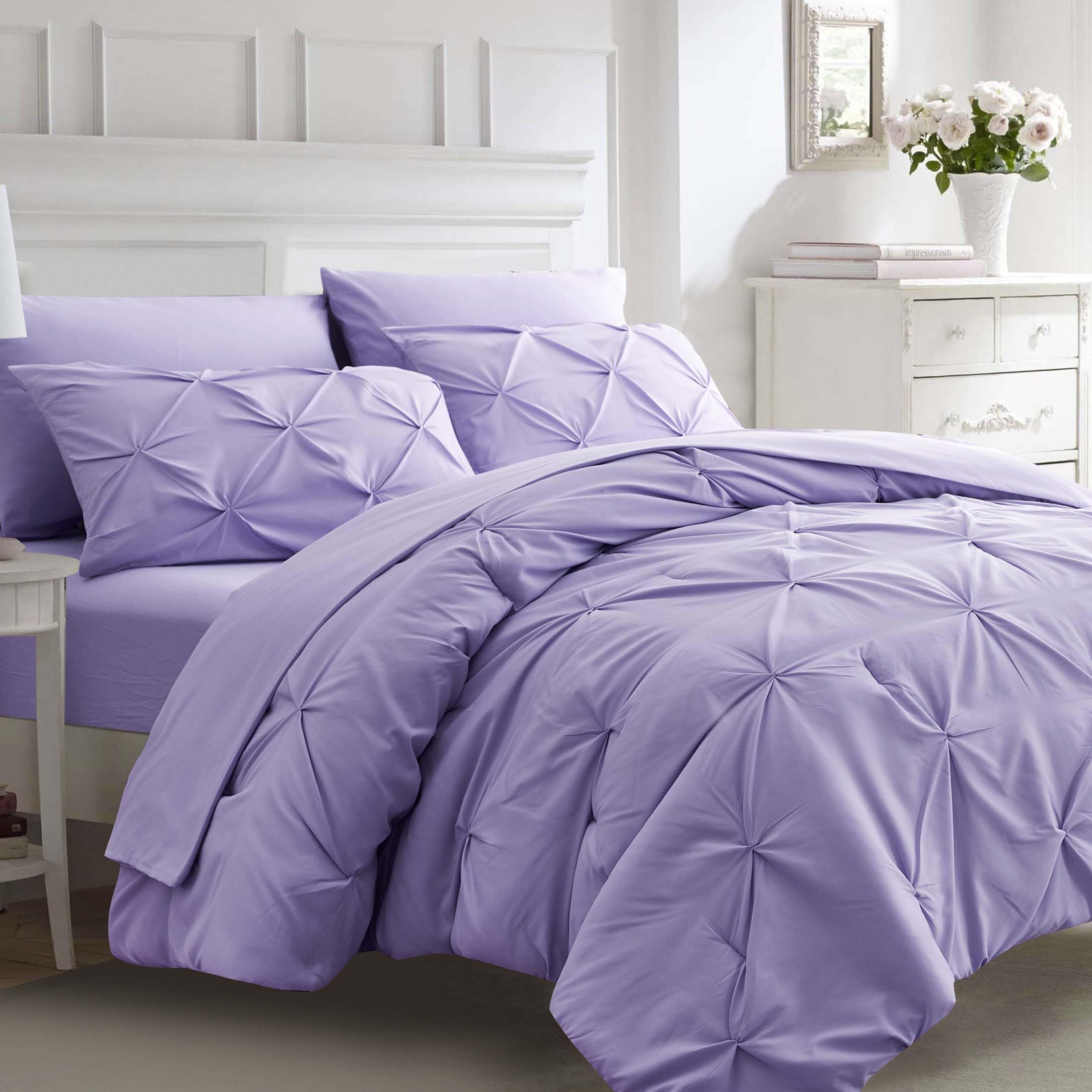 Ubauba 7Pc King Size Comforter Set With Sheets, All Season Pintuck 7 Piece Bedding Sets Light Purple, Pinch Pleating Bed In A Ba
