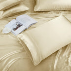 Treely 4 Piece Satin Sheets Twin Size Silky Smooth Beige Satin Sheet Set With Deep Pocket, Satin Fitted Sheet, Flat Sheet, 2 Sat