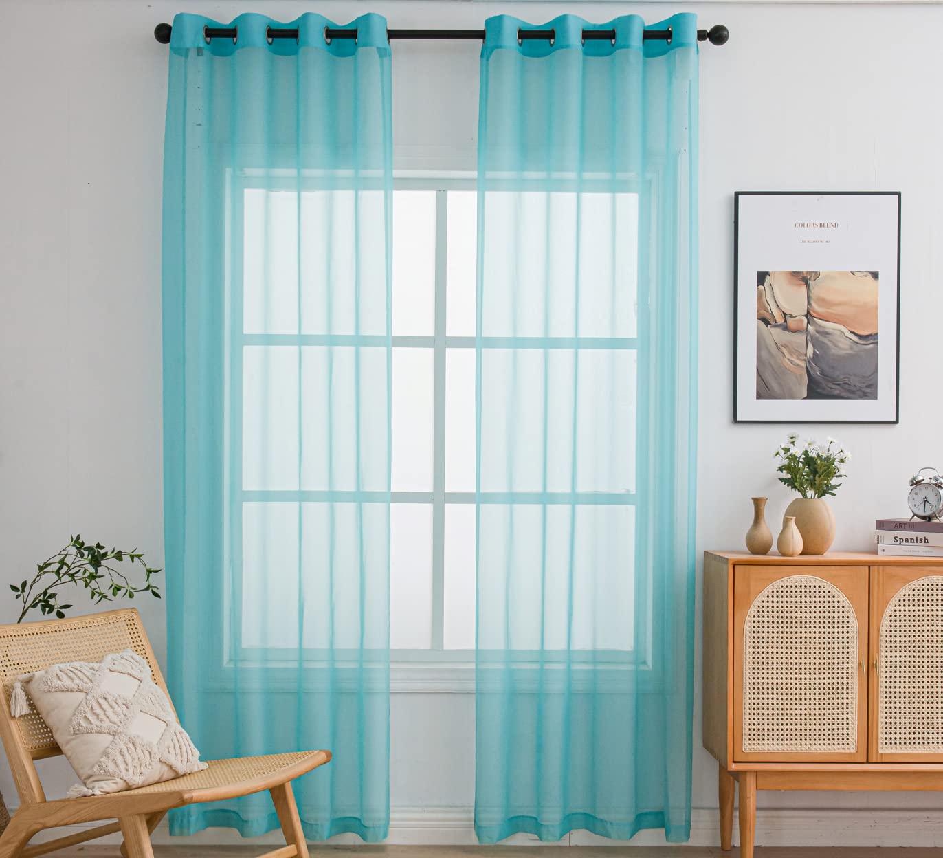 Pi Teal Sheer Curtains With Rings Top,Lightweight Voile Textured,Casual Window Backdrop For Boys Room/Porch 2 Panels (W52 X L95, Lake Blue)
