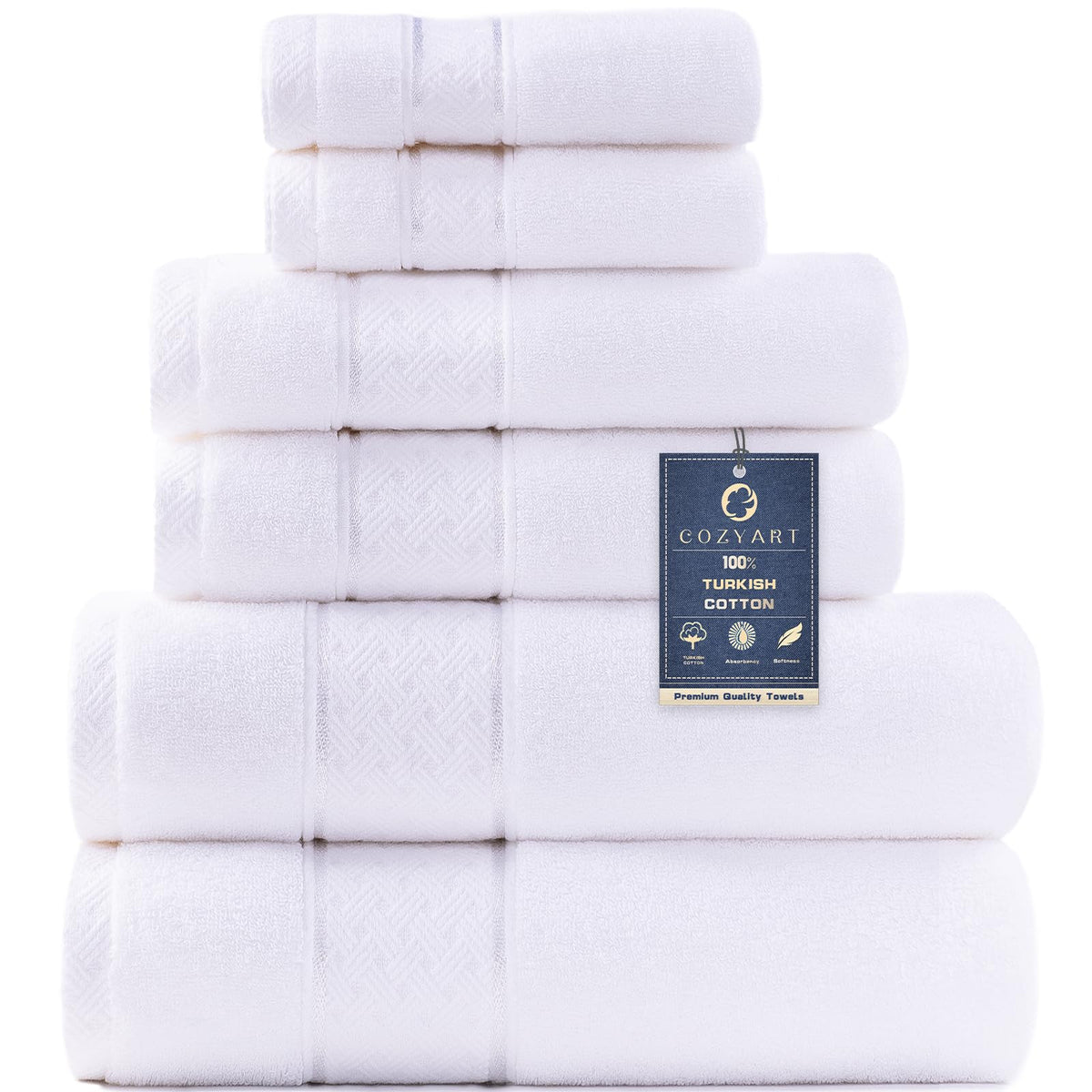 COZYART White Bath Towels Set 6 Piece, Luxury 100% Turkish Cotton 650GSM Hotel Quality, Soft, Absorbent,Towel Sets for Bathroom 