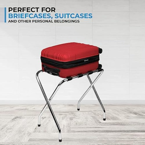 2-Tier Folding Luggage Rack, X-Shaped Steel Frame, Nylon Straps, Rubber Feet, Chrome Finish