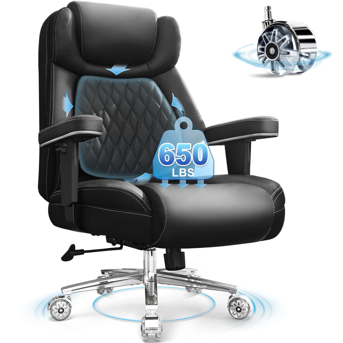 Big And Tall Office Chair 650Lbs,Heavy Duty Office Chairs With Dual Rubber Wheels,Extra Wide Desk Chair,Adjustable Ergonomic Lum