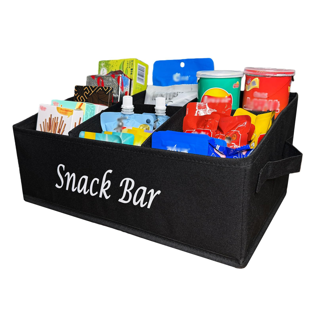 Snack Bar Organizer for Countertop,Black Fabric Snack Basket with Handles,6 Compartment Open Top Snack Bin for Kitchen Counter,P