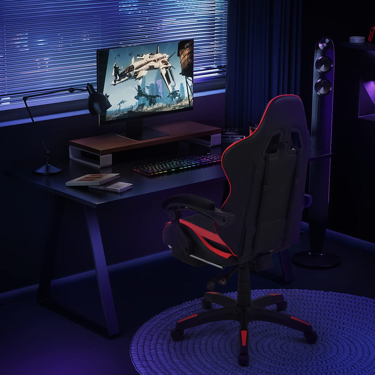 Monibloom Gaming Chair With Footrest High Back Video Game Chair With Headrest & Lumbar Support Height Adjustable Leather Swivel Computer Chair For Adult Teen Office Or Gaming, Red