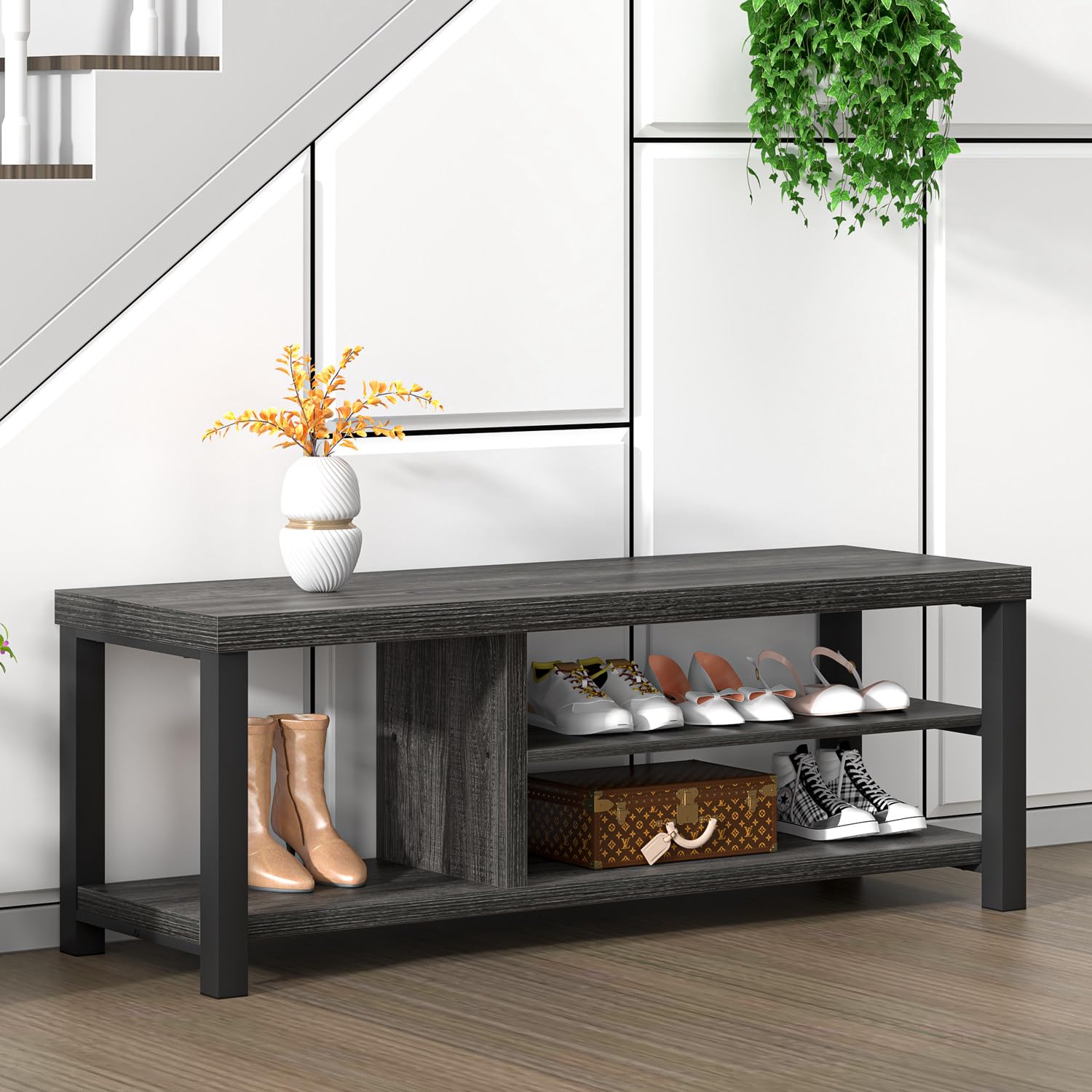 FOLUBAN Entryway Bench with Shoe Storage, Vintage End of Bed Bench, Rustic Wooden Entry Bench for Hallway Front Door Entrance, I